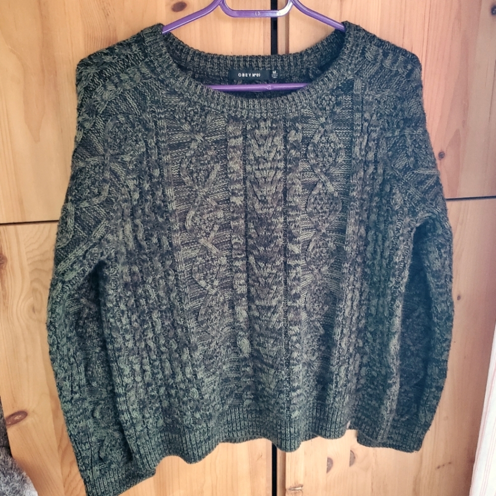 Obey No 89 Women's Green and Black Cable Knit Crew Neck Sweater Size M
